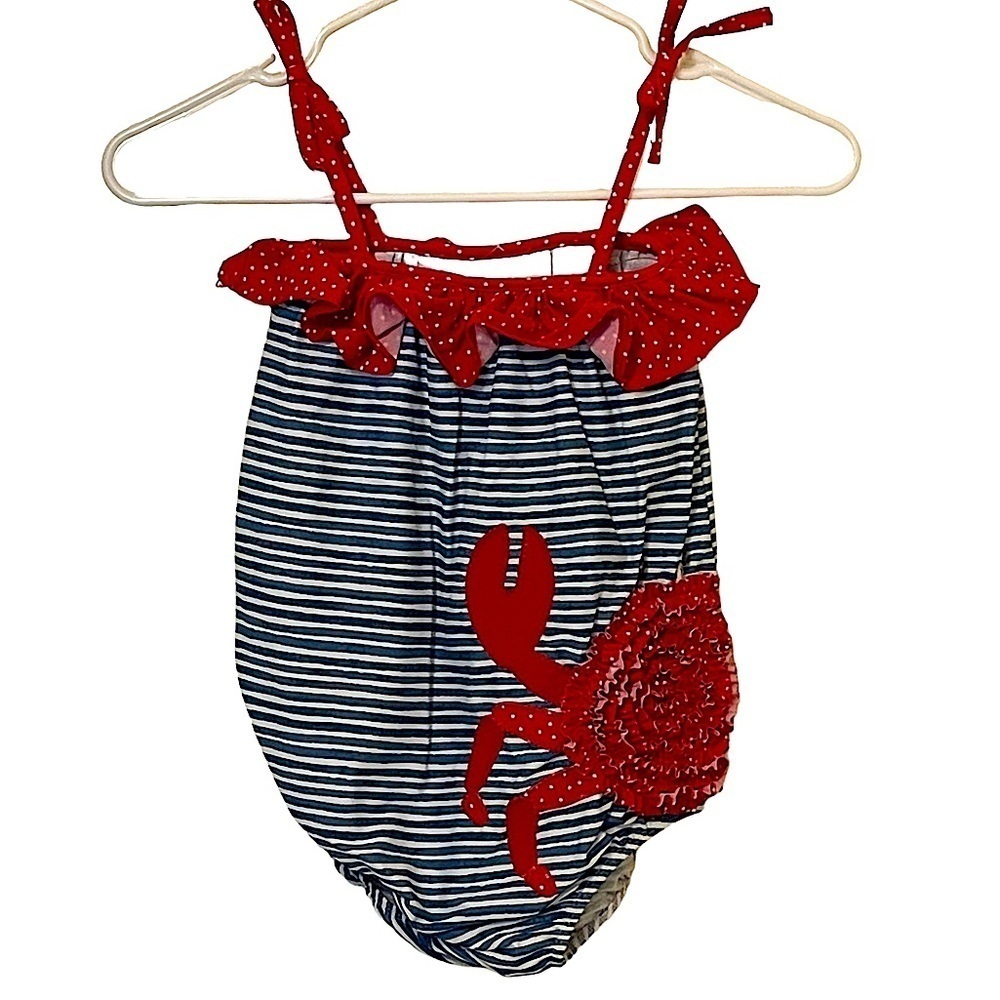 Mud Pie Blue and White Striped Crab Motif Spaghetti Strap Swimsuit Size 5T